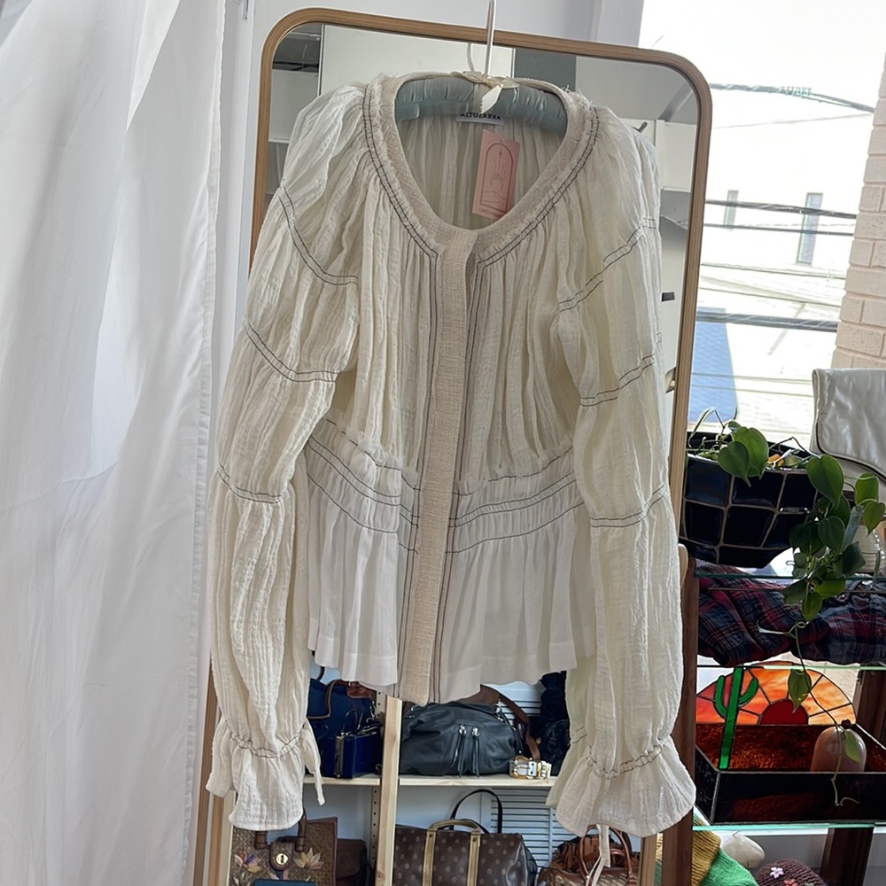 Altuzarra Bone Linen distressed billowy sleeve button up jacket blouse - Picture 10 of 12
